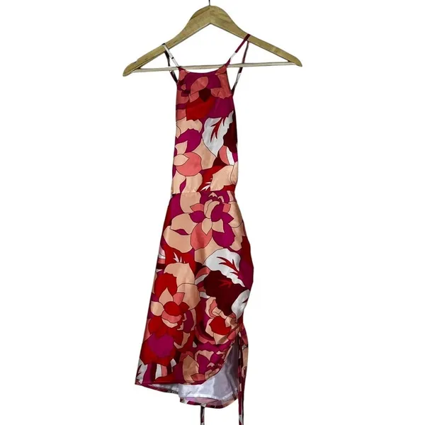 Runaway Tammy Floral Halter Mini Dress Red Pink Satin Ruched Open Back SizeS - Image 2