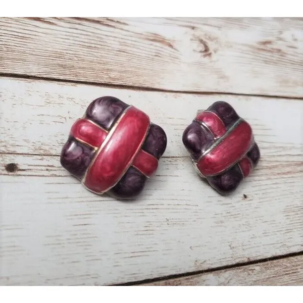 Vintage Clip On Earrings - Dark Purple & Dark Pink - 1" - Image 2