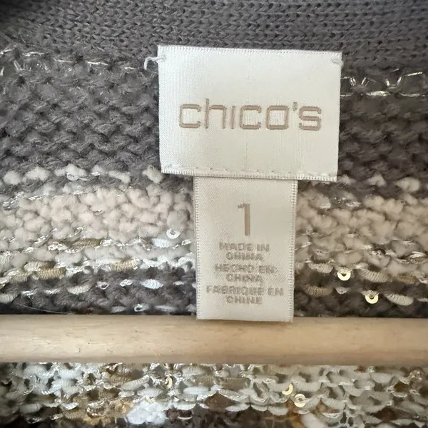 Chico's Cardigan Womens M Greta Sweater Neutral Patterned Sequin Metal Boho - Image 3