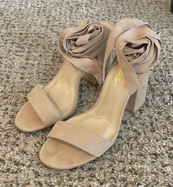 Lulus Alta Light Nude Suede Lace-Up Heels - Image 3