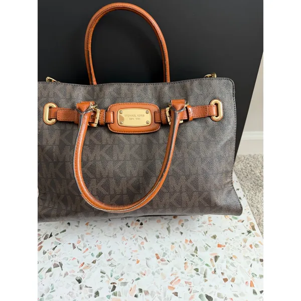 Michael Kors Hamilton Satchel Brown Logo PVC Leather Preppy Classic Tote Bag - Image 6