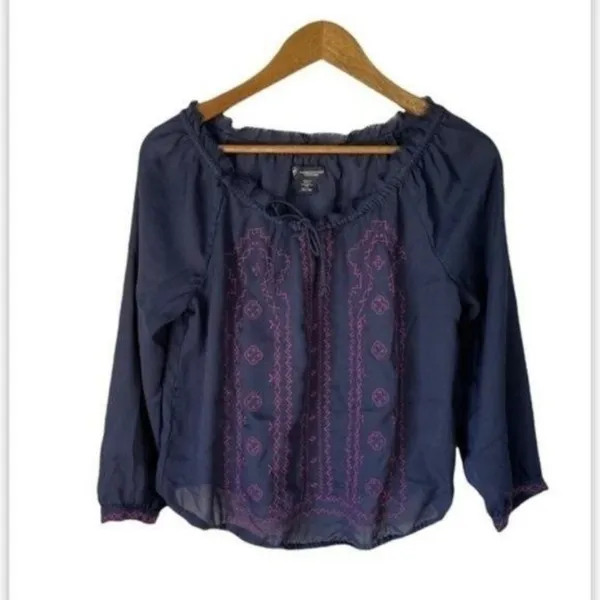 American Eagle Medium Sheer Blue Boho Peasant Blouse Pink Embroidery Tassel - Image 2