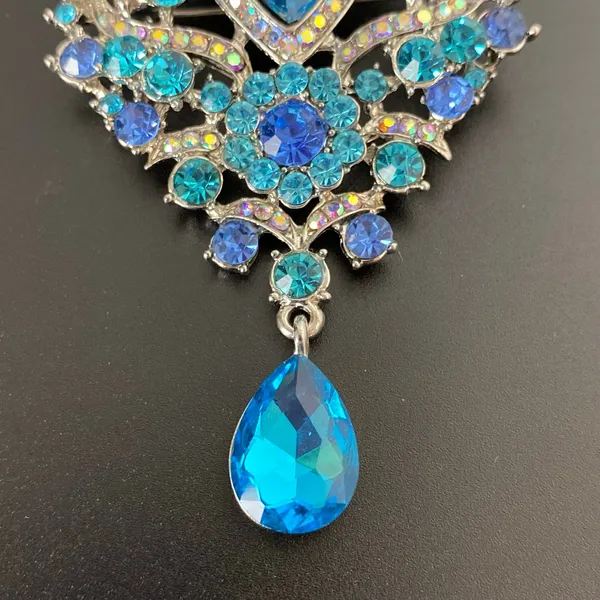 Large Royal Blue & Aqua Rhinestone Statement Brooch Pin Dangle Teardrop - Image 5