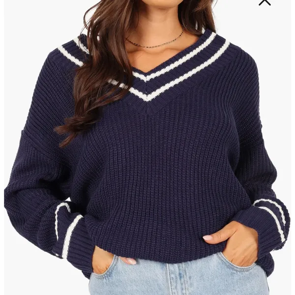 Petal & Pup Leanna Stripe Trim Navy Knit Sweater Size M - Image 2