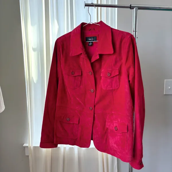 Y2K Vintage Suede Chore Jacket Deep Cherry Red Leather Coat Boho Western Utility - Image 2