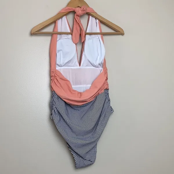 Cupshe Keeping You Accompanied Stripe One-Piece Halter Swimsuit Size M Coral‎ - Image 6