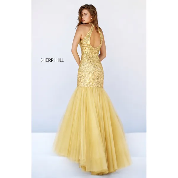 Sherri Hill 11323 Gold Beaded Halter Mermaid Gown Size 2 NWT‎ - Image 2