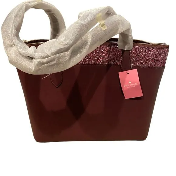 Kate Spade Flash Glitter‎ Shoulder Tote Bag Maroon Zip Top Sparkle Evening New - Image 2