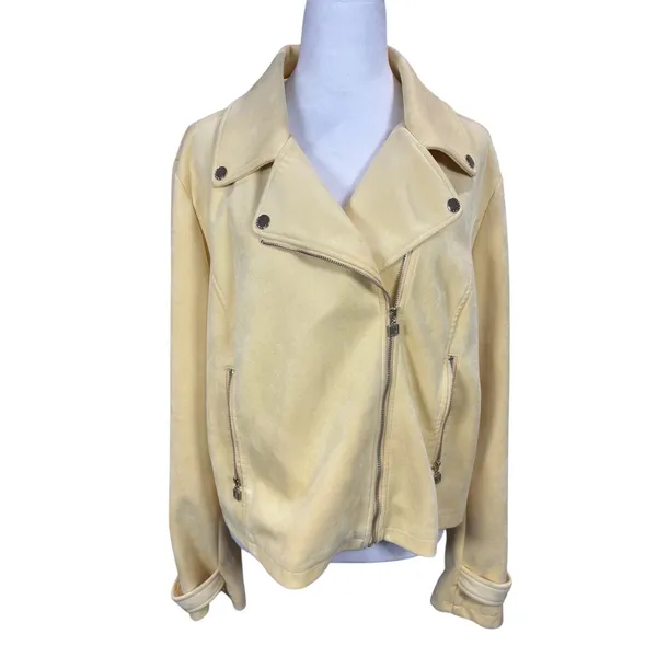 Laundry by Shelli Segal‎ Butter Yellow Faux Suede Motorcycle Jacket XL Biker - Image 2