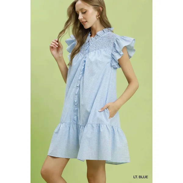 Umgee Stripe Smocked Yoke Ruffle‎ Dress - Lt. Blue - Small - Image 2