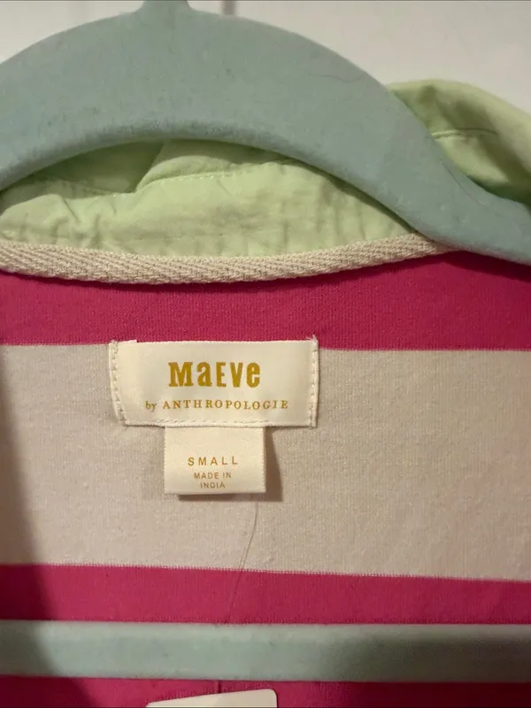 Maeve Pink and Cream Striped Puff-Sleeve Polo with Light Green Collar S - Image 3
