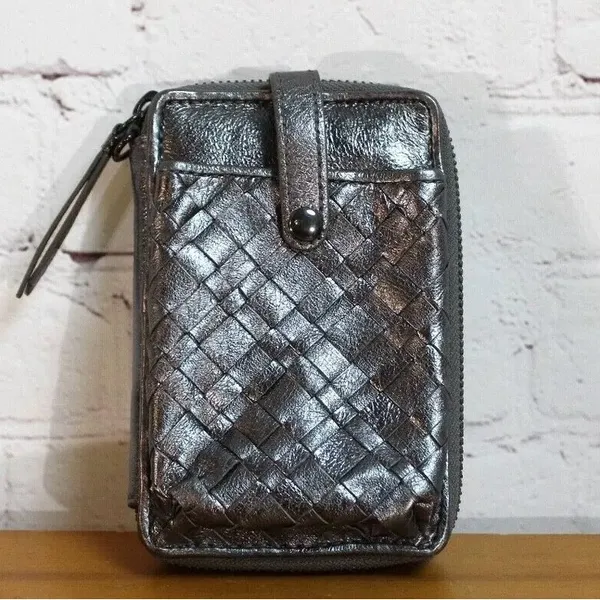 Elliott Lucca Wristlet Genuine Woven Leather Pewter Metallic Like New Condition - Image 8
