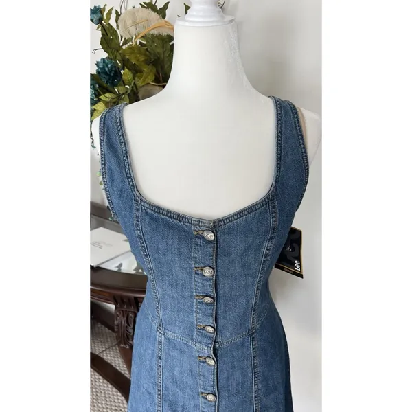 Lee Women’s Blue Denim Button Front Sleeveless Square Neck A-Line Dress Size S - Image 2