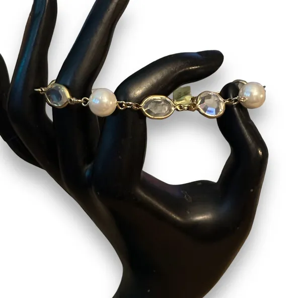 Vintage Clear Bezeled Stones And Pearl Link Bracelet - Image 3