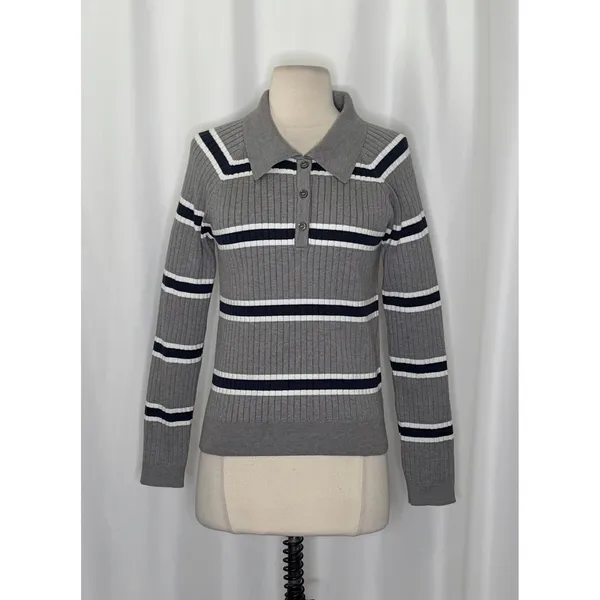 BOHME Striped Polo Henley Sweater Gray Navy Blue White Buttons Pullover Large - Image 2