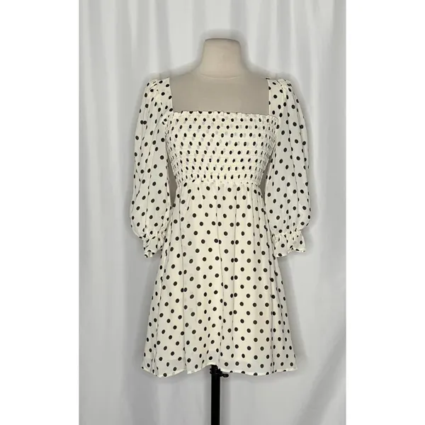 REFORMATION Zaria Dress Portofino Polka Dot Black White Smocked Mini Dress XS - Image 2