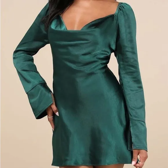 NEW Lulus Sensational Fate Emerald Green Satin Cowl Neck Mini Dress Sz Small - Image 7