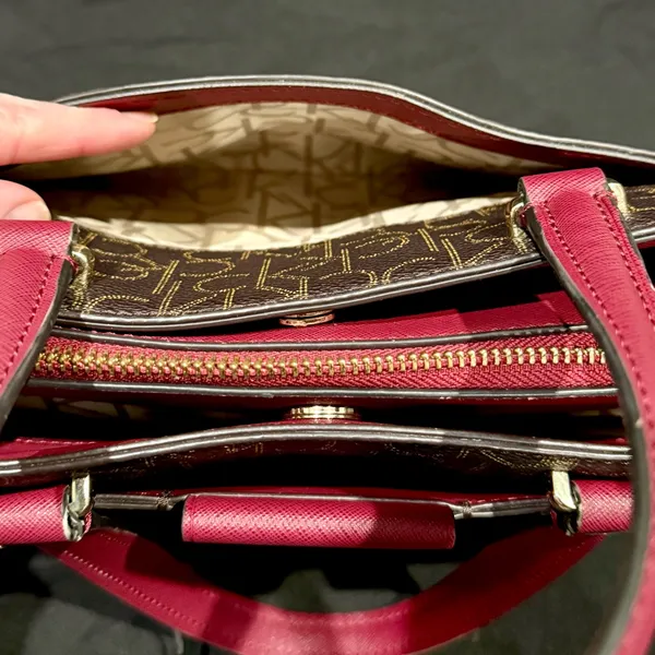 Calvin Klein Monogram Satchel in Brown and Red with gold accents - Image 8
