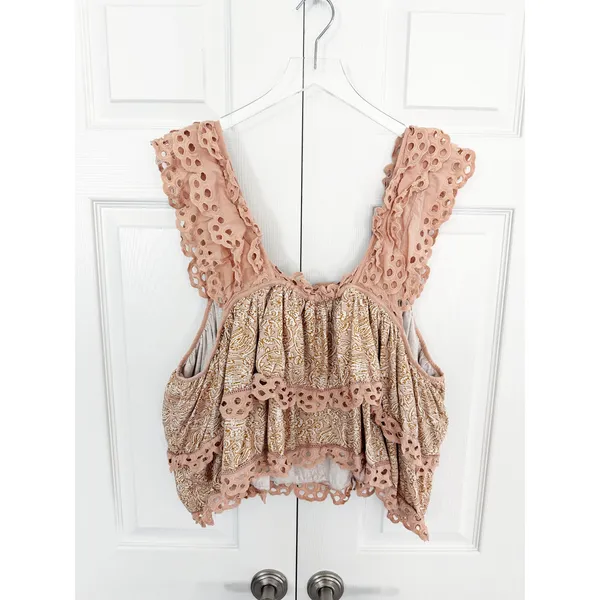 Anthropologie Let Me Be Eyelet Tiered Swing Top Blush Romantic Boho Cottagecore - Image 8