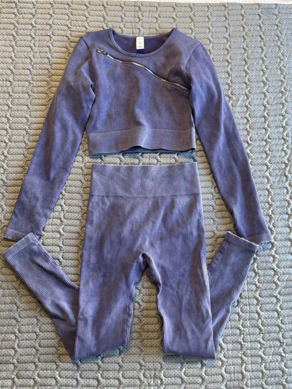Seamless Cutout Ribbed Leggings Set - Purple - Image 3