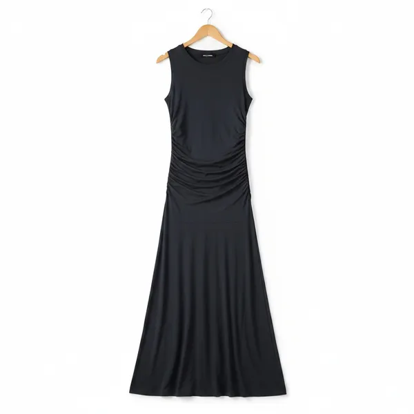 Steve Madden Womens Jace Maxi Dress Large Faded Black Ruched Sleeveless Pullover - Image 3