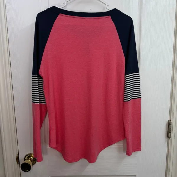 Women's‎ pink salmon stripped elbow patch boat neck casual long sleeve shirt M - Image 5