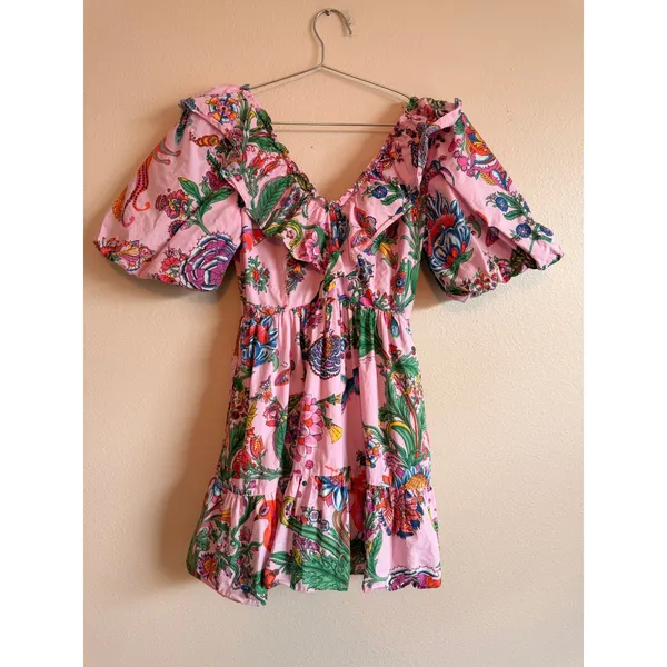 Banjanan Mini Dress Womens XS‎ Pink Toucans Garden Tropical Ruffle Puff Sleeve - Image 5