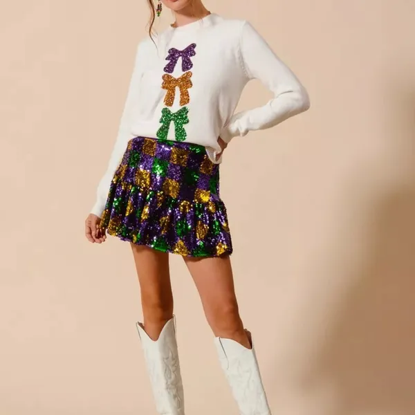 SO‎ ME Mardi Gras Checker Sequins Mini Skirt Size L - Image 5