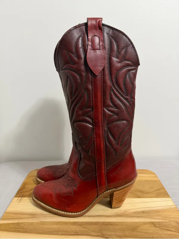 Capezio Vintage Women's Embroidered Red Stack Heel Leather Boot Size 5 #267022 - Image 5
