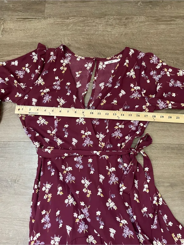 Mi Ami Long Sleeve Floral Mini Dress Size M Maroon Surplice Tie Waist Boho Chic - Image 13
