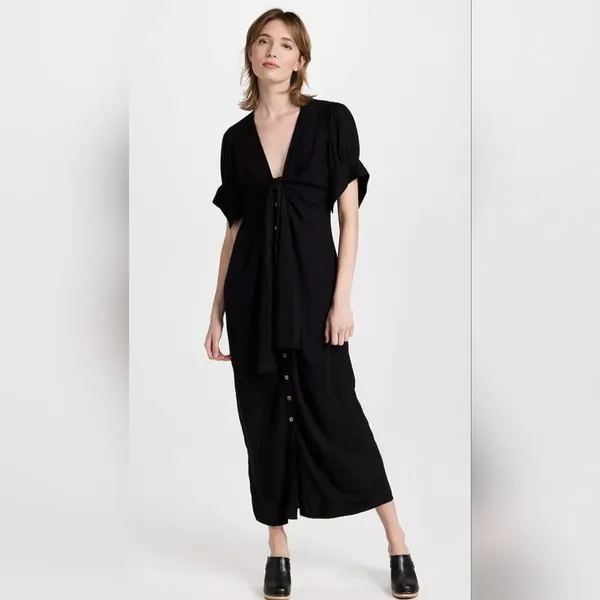 Free People Vintage Summer Midi Dress Tie Front Button down Black Size Large - Image 4