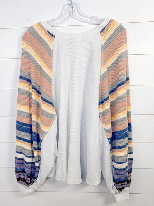 Free People Rainbow Dreams Balloon Sleeve Thermal Knit Blouse, EUC, Medium - Image 13