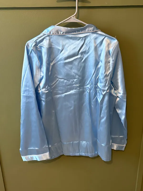 Light Blue Satin Button Front Pajama Set Size L - Image 3