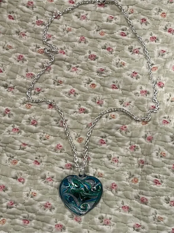 Handmade Teal & Green Heart Glass Pendant Necklace - Image 3
