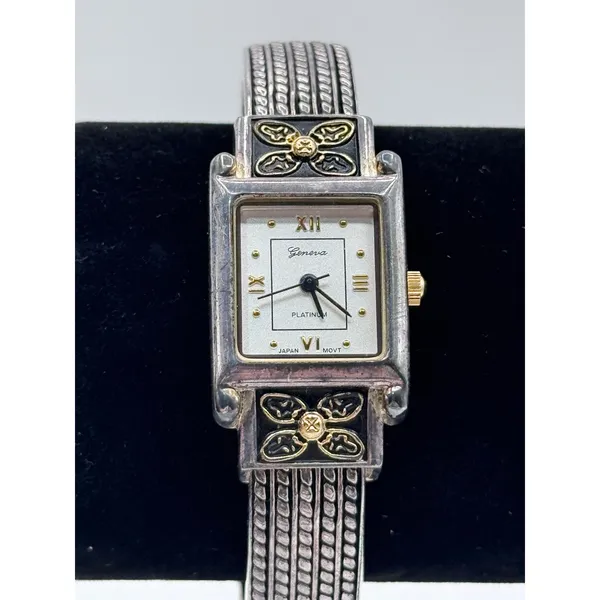 Geneva Platinum‎ Cuff Bracelet Watch Vintage Silver Tone Bangle Japan Movt - Image 4