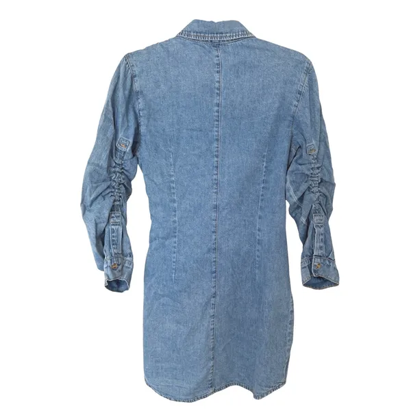 AQUA Denim Mini Shirt Dress Light Wash Wrap Tie Waist Long Sleeve Blue Small NEW - Image 4
