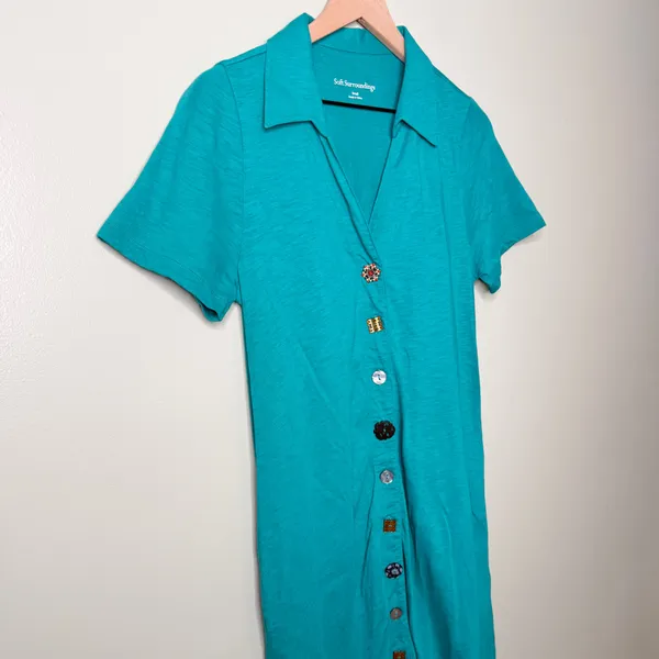 Soft Surroundings Danielle Button Midi Dress Teal Blue Green Size Small - Image 5