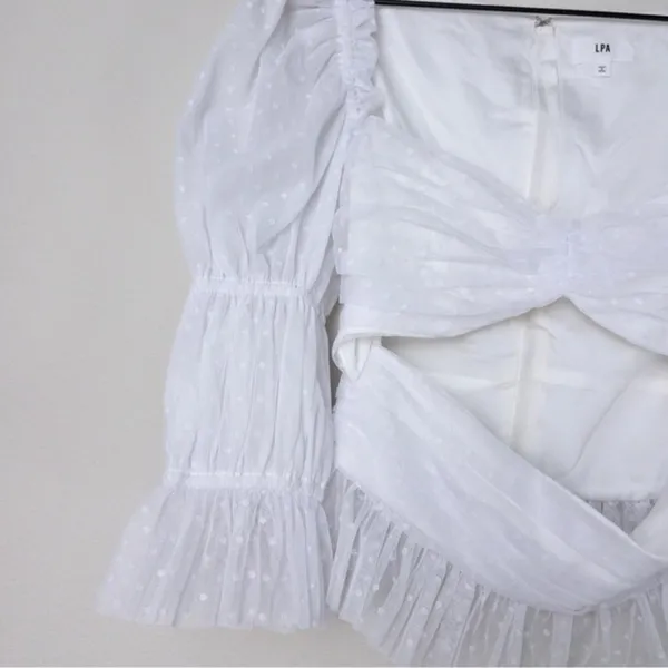 NEW LPA Dolores Top S Ivory Sheer Dot Puff Sleeve Cutout Pleated Peplum Tulle - Image 8