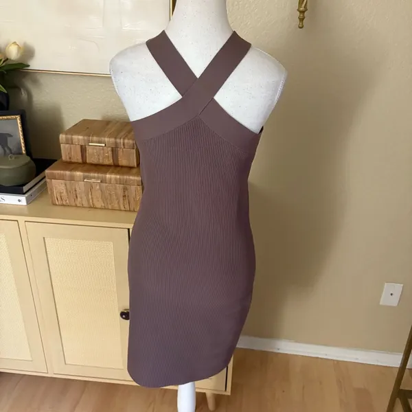 ARITZIA BABATON Sculpt Knit Criss Cross Mini Ribbed Dress Brown Size Large‎ - Image 5