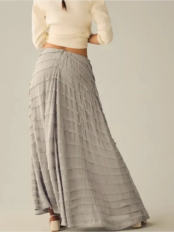 NEW Anthropologie Gray Layered Ruffle Asymmetrical Boho Quiet Luxury Maxi Skirt - Image 3