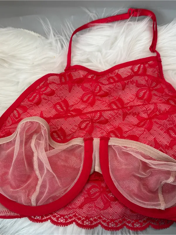 Victoria’s Secret Very Sexy Bow Lace High Neck Unlined Halter Bra – Red/Nude - Image 7
