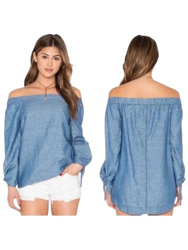 Free People Shirt Women XS Blue Off‎ The Shoulder Chambray Tie Cuff Top Boho - Image 2
