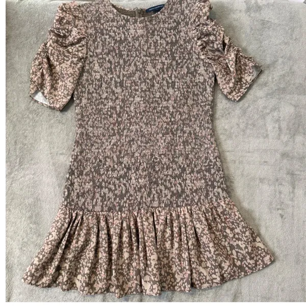 French Connection Smocked Mini Dress Ruched Sleeve‎ Size L Cottage Erika Drape - Image 5