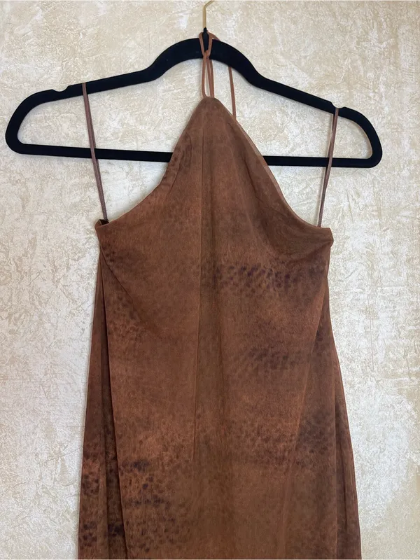 ZARA Tulle Brown Ombre Animal Print Mesh Halter Maxi Dress Festival Vacation S - Image 9