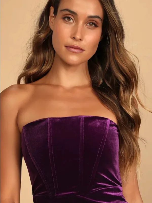 Lulus Glamorous Celebrations Dark Purple Velvet Strapless Tulip Dress size small - Image 3
