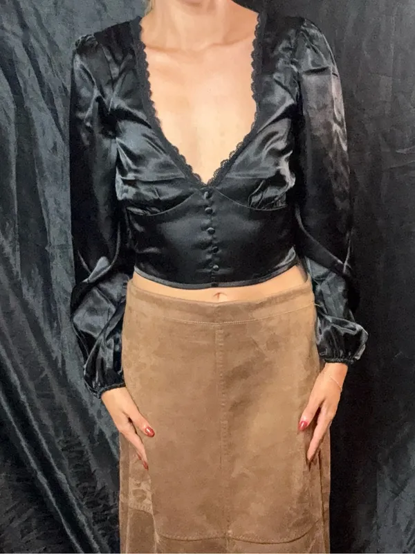 Brave Soul NWT Black Satin Lace-Trim Crop Top - Image 2