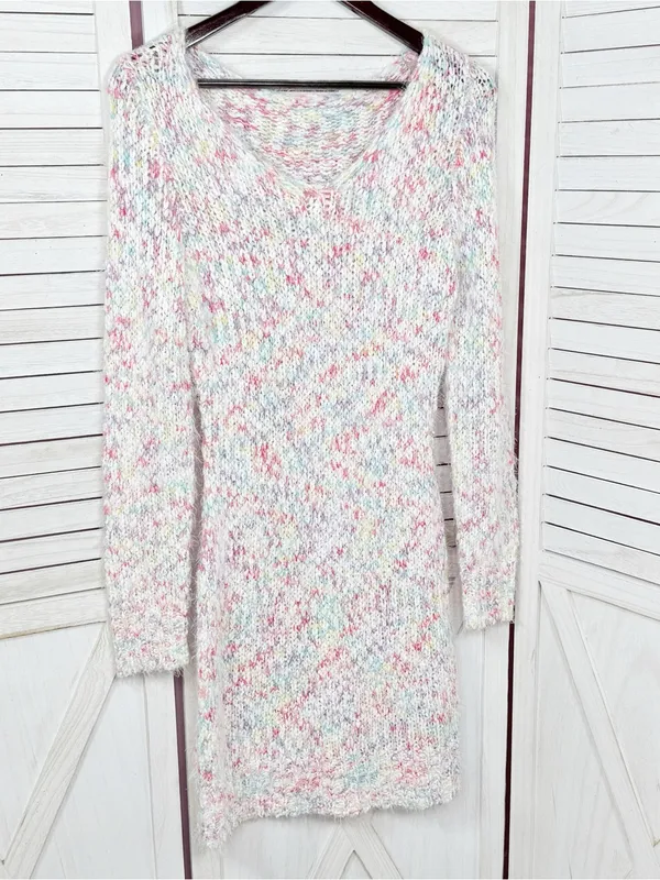 Confetti V Neck Bodycon Sheath Sweater Mini Dress White Multicolor Size Large - Image 7