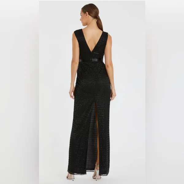 Mac Duggal 5625 Black Beaded Cap Sleeve V Neck Column Evening Gown Dres - Size 4 - Image 2