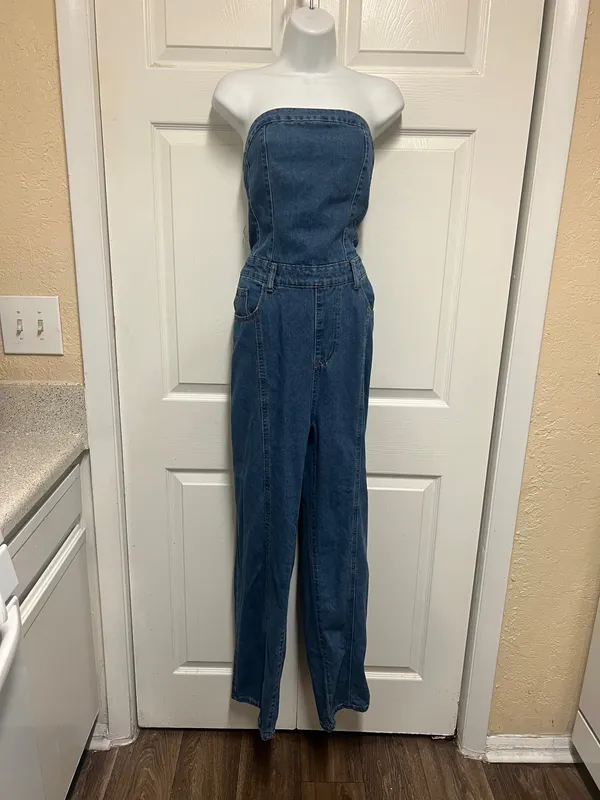 - [ ] Unbranded Wash Bandeau Style Straight Leg Denim Jumpsuit - Image 3