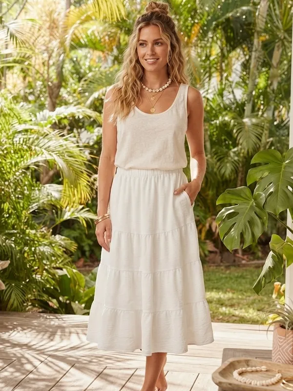 OLIVE & CO. White Tiered Boho Cottagecore Midi Skirt | High Elastic Waist - Image 2